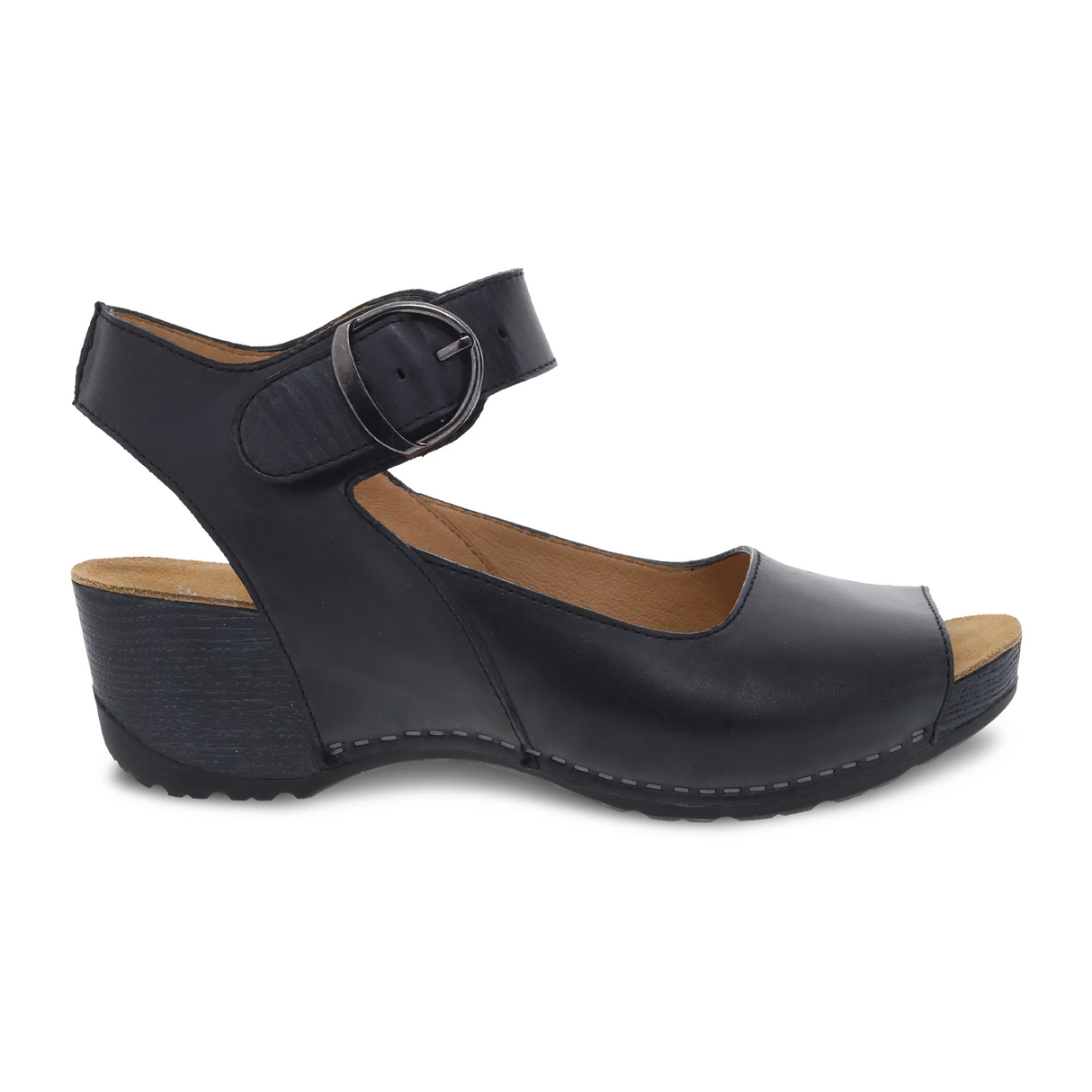 Dansko Tiana Wedge Sandal (Women) - Black Burnished Calf Sandals - Backstrap - The Heel Shoe Fitters