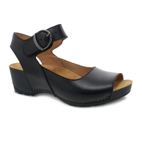 Dansko Tiana Wedge Sandal (Women) - Black Burnished Calf Sandals - Backstrap - The Heel Shoe Fitters