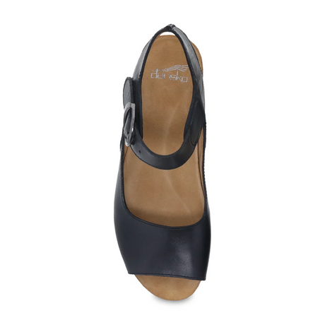 Dansko Tiana Wedge Sandal (Women) - Black Burnished Calf Sandals - Backstrap - The Heel Shoe Fitters