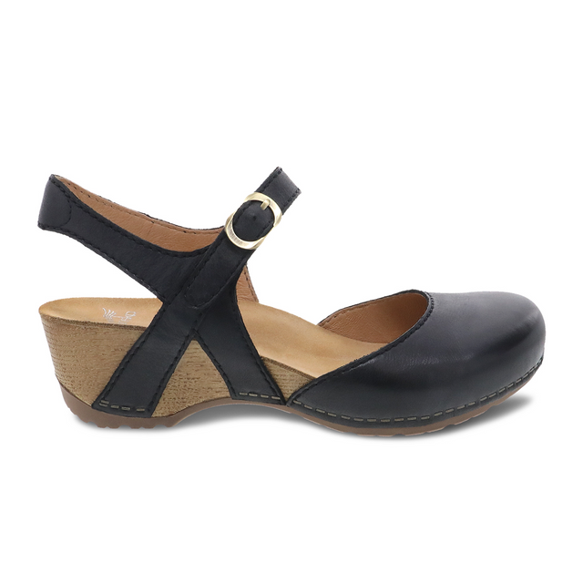 Dansko Tiffani Wedge Sandal (Women) - Black Milled Burnished Sandals - Heel/Wedge - The Heel Shoe Fitters