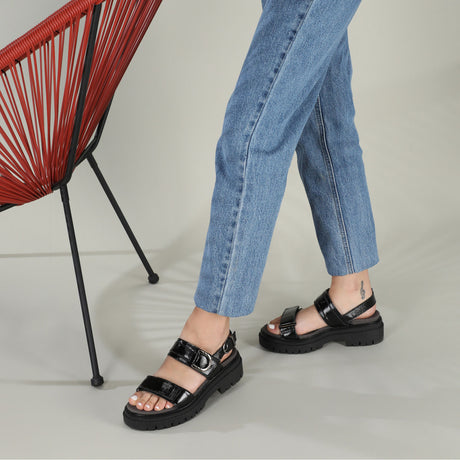 Naot Trinity Backstrap Sandal (Women) - Black Crinkle Patent Leather Sandal - Backstrap - The Heel Shoe Fitters
