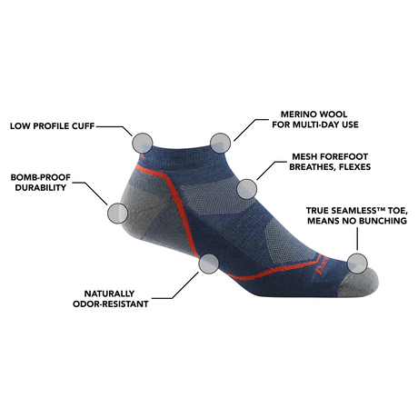 Darn Tough Light Hiker Lightweight No Show Sock with Cushion (Men) - Denim Accessories - Socks - Performance - The Heel Shoe Fitters