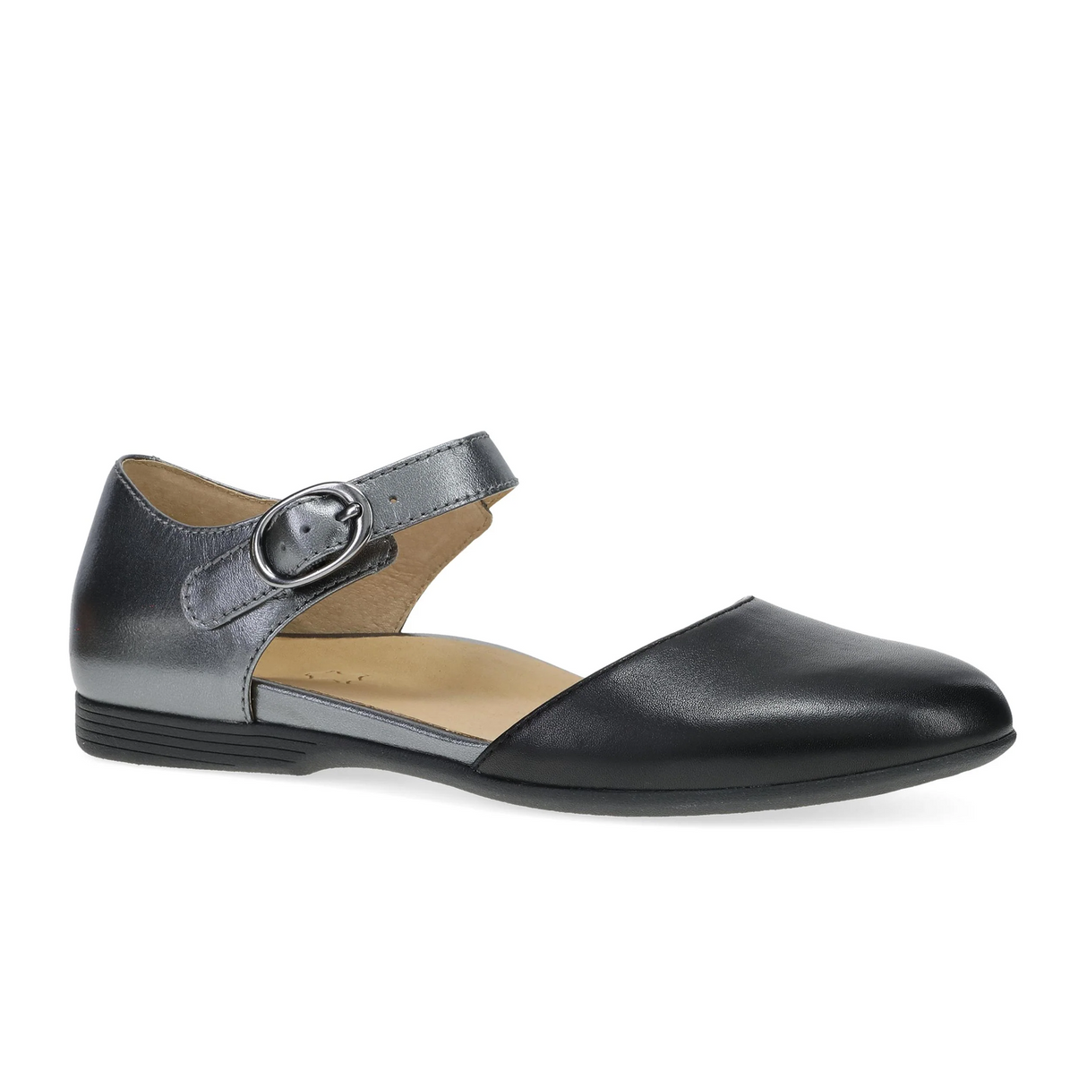Dansko Liv Strappy Flat (Women) - Black Nappa/Pewter Metallic Dress-Casual - Flat - The Heel Shoe Fitters