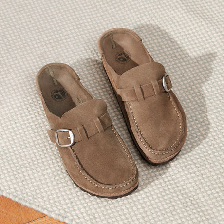 Birkenstock Buckley Narrow Clog (Women) - Gray Taupe Suede Dress-Casual - Clogs & Mules - The Heel Shoe Fitters