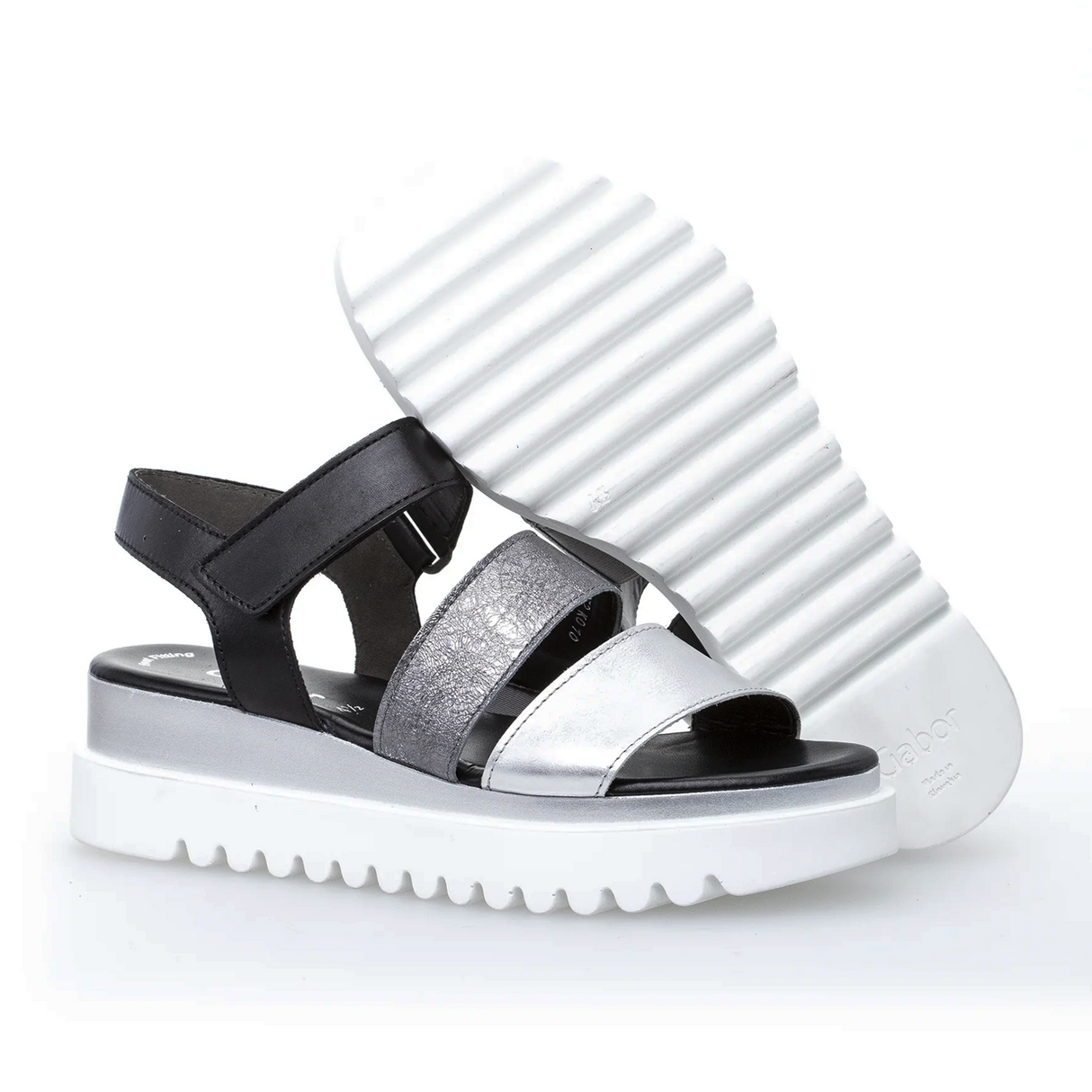 Gabor 610 Three-Strap Wedge Sandal (Women) - Silver/Stone/Black Leather