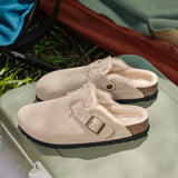 Birkenstock Boston Narrow Clog (Women) - Taupe Suede/Sandcastle Shearling Dress-Casual - Clogs & Mules - The Heel Shoe Fitters