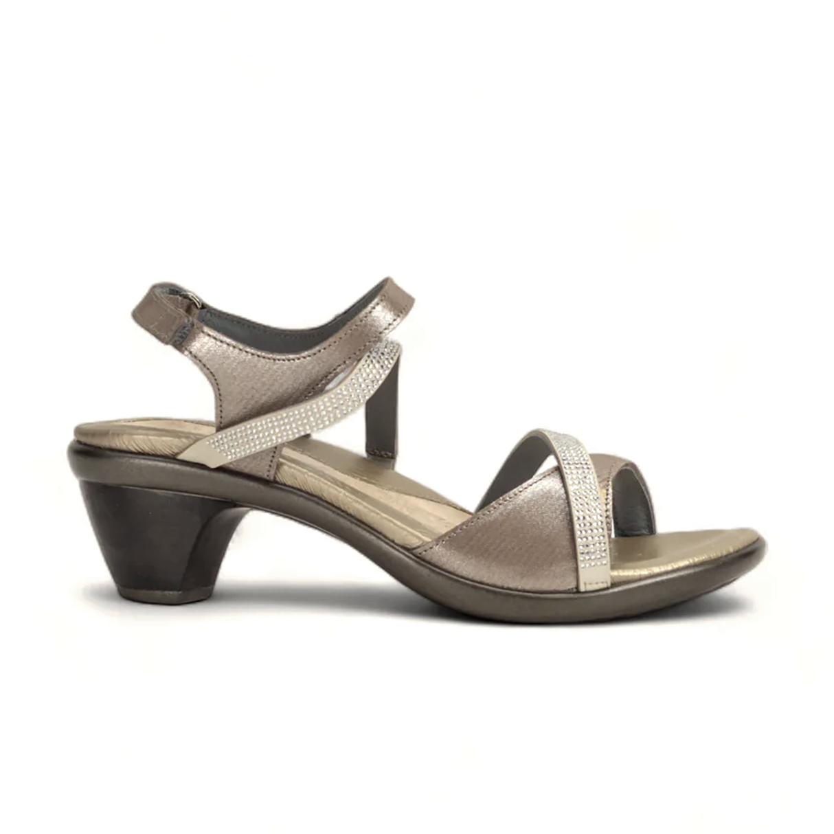 Naot Innovate Heeled Sandal (Women) - Silver Threads Leather/Beige/Clear Rhinestones