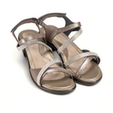 Naot Innovate Heeled Sandal (Women) - Silver Threads Leather/Beige/Clear Rhinestones