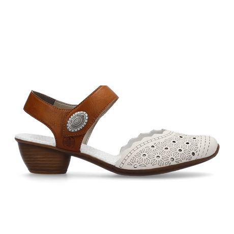 Rieker Mirjam 43703-60 Heeled Sandal (Women) - Cream/Cayenne Sandals - Heel/Wedge - The Heel Shoe Fitters