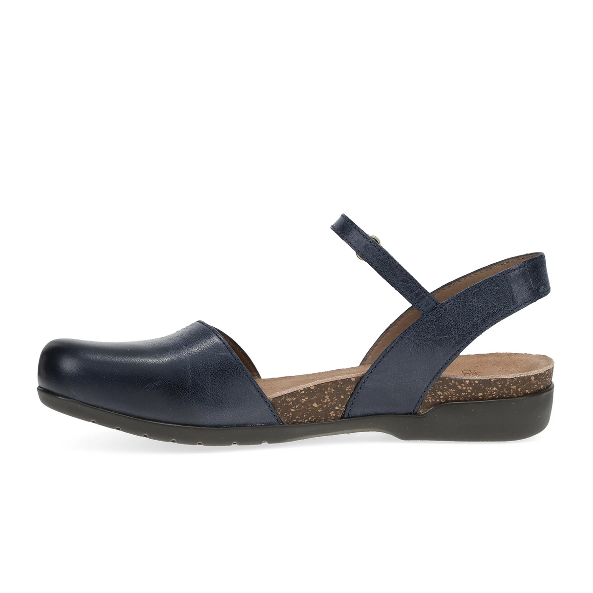Dansko Rowan Backstrap Sandal (Women) - Navy Waxy Burnished Dress-Casual - Flat - The Heel Shoe Fitters