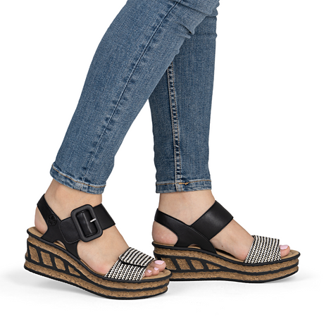 Rieker Rose 72 Wedge Sandal (Women) - Black Multi Sandal - Heel/Wedge - The Heel Shoe Fitters
