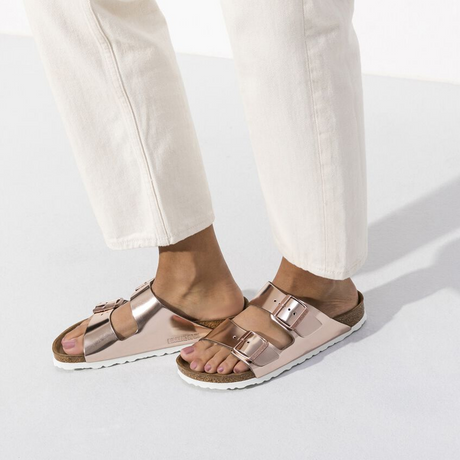 Birkenstock Arizona Soft Footbed Narrow Slide Sandal (Women) - Metallic Copper Sandals - Slide - The Heel Shoe Fitters