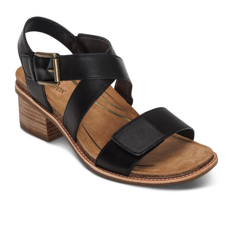 Aetrex Kristin Heeled Sandal (Women) - Black Leather Sandals - Heel/Wedge - The Heel Shoe Fitters