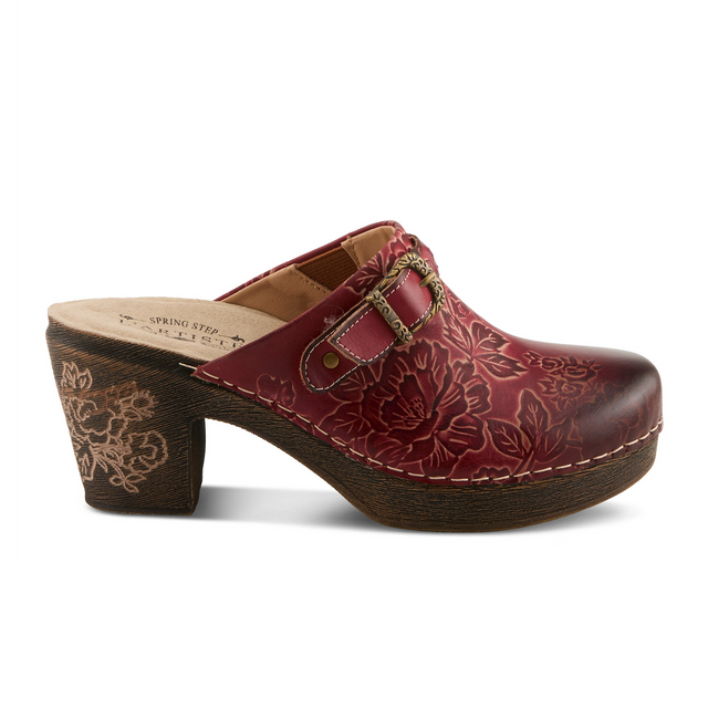 L'Artiste Calliroe Heeled Clog (Women) - Dark Red Multi Dress-Casual - Clogs & Mules - The Heel Shoe Fitters