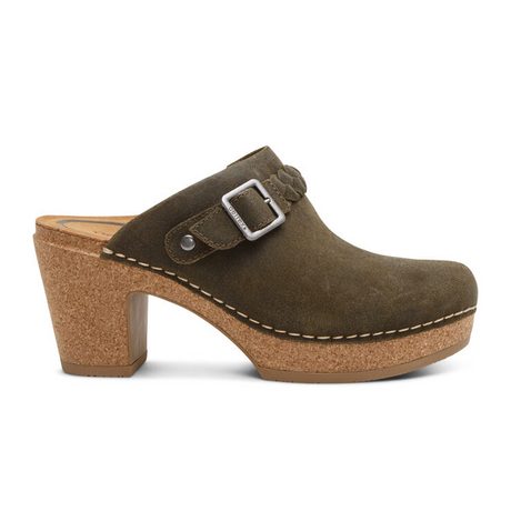 Aetrex Corey Heeled Clog (Women) - Olive Leather Dress-Casual - Heels - The Heel Shoe Fitters