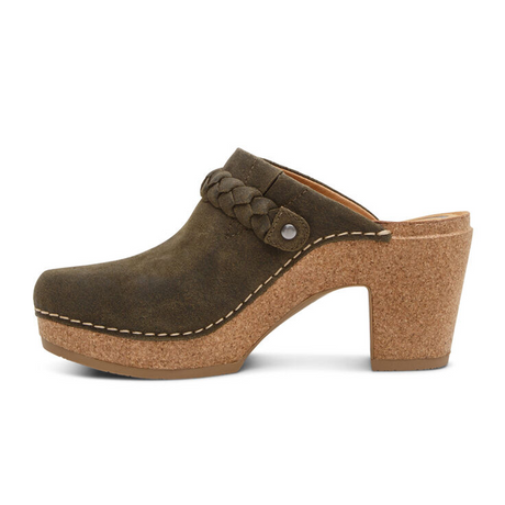 Aetrex Corey Heeled Clog (Women) - Olive Leather Dress-Casual - Heels - The Heel Shoe Fitters