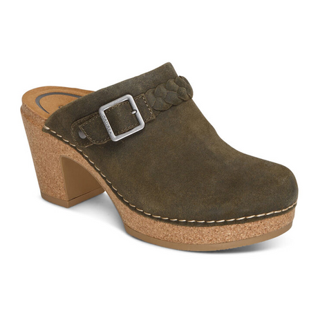 Aetrex Corey Heeled Clog (Women) - Olive Leather Dress-Casual - Heels - The Heel Shoe Fitters