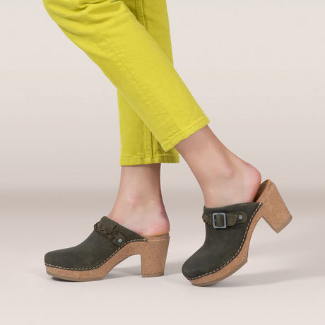 Aetrex Corey Heeled Clog (Women) - Olive Leather Dress-Casual - Heels - The Heel Shoe Fitters