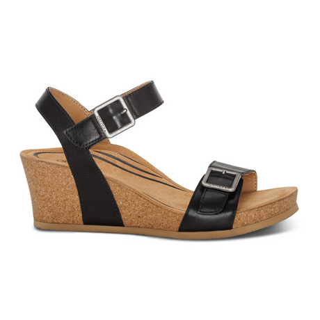 Aetrex Lexa Wedge Sandal (Women) - Black Leather Sandals - Heel/Wedge - The Heel Shoe Fitters