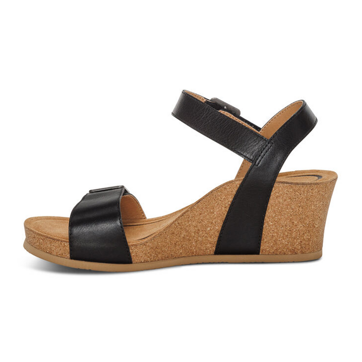 Aetrex Lexa Wedge Sandal (Women) - Black Leather Sandals - Heel/Wedge - The Heel Shoe Fitters