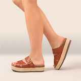 Aetrex Alyssa Platform Slide Sandal (Women) - Cognac Leather Sandals - Slide - The Heel Shoe Fitters