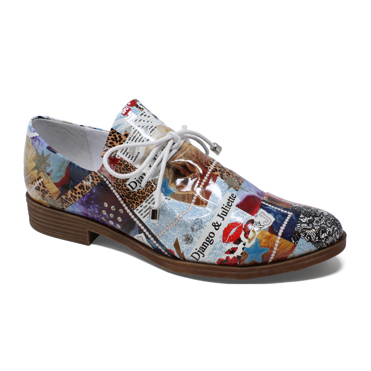 Django & Juliette Kotty Slip On (Women) - Collage Print Patent Leather Dress-Casual - Loafer - The Heel Shoe Fitters