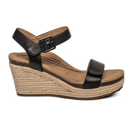 Aetrex Sydney Wedge Sandal (Women) - Black Leather Sandals - Heel/Wedge - The Heel Shoe Fitters