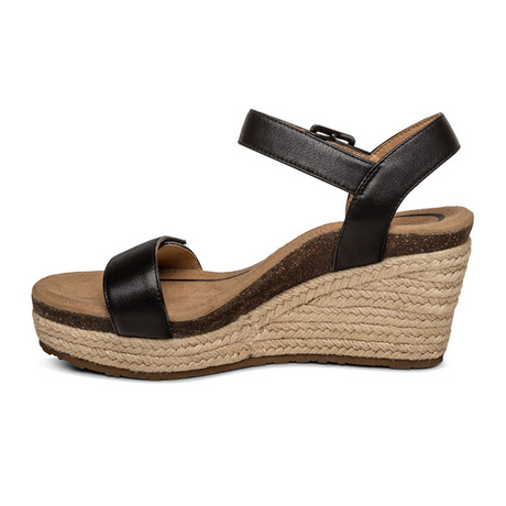 Aetrex Sydney Wedge Sandal (Women) - Black Leather Sandals - Heel/Wedge - The Heel Shoe Fitters