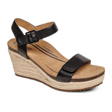 Aetrex Sydney Wedge Sandal (Women) - Black Leather Sandals - Heel/Wedge - The Heel Shoe Fitters