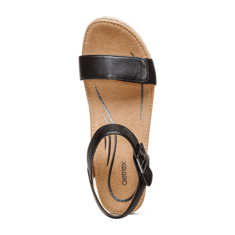 Aetrex Sydney Wedge Sandal (Women) - Black Leather Sandals - Heel/Wedge - The Heel Shoe Fitters