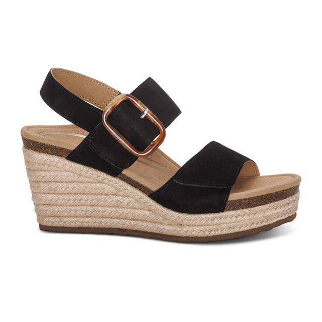 Aetrex Ashley Wedge Sandal (Women) - Black Suede Sandals - Heel/Wedge - The Heel Shoe Fitters