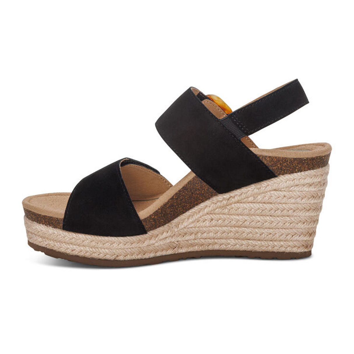 Aetrex Ashley Wedge Sandal (Women) - Black Suede Sandals - Heel/Wedge - The Heel Shoe Fitters