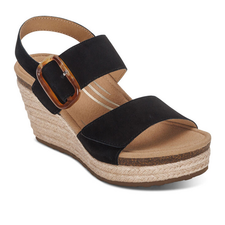 Aetrex Ashley Wedge Sandal (Women) - Black Suede Sandals - Heel/Wedge - The Heel Shoe Fitters