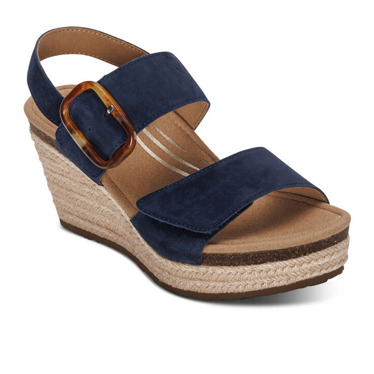 Aetrex Ashley Wedge Sandal (Women) - Navy Suede Sandals - Heel/Wedge - The Heel Shoe Fitters