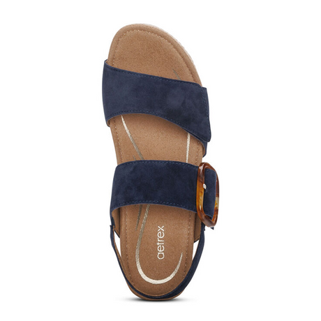 Aetrex Ashley Wedge Sandal (Women) - Navy Suede Sandals - Heel/Wedge - The Heel Shoe Fitters