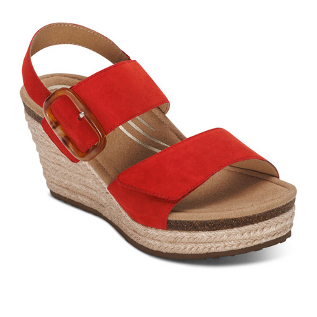 Aetrex Ashley Wedge Sandal (Women) - Poppy Suede Sandals - Heel/Wedge - The Heel Shoe Fitters