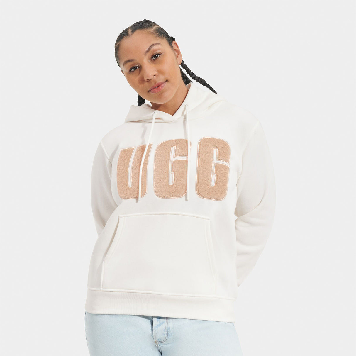 UGG® Rey UGGfluff Logo Hoodie (Women) - Nimbus/Sand Apparel - Top - Sweatshirt - The Heel Shoe Fitters