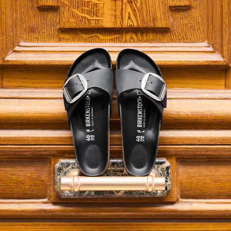 Birkenstock Madrid Big Buckle Slide Sandal (Women) - Black Leather Sandals - Slide - The Heel Shoe Fitters