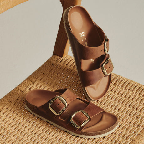 Birkenstock Arizona Big Buckle Narrow Slide Sandal (Women) - Cognac Oiled Leather Sandals - Slide - The Heel Shoe Fitters