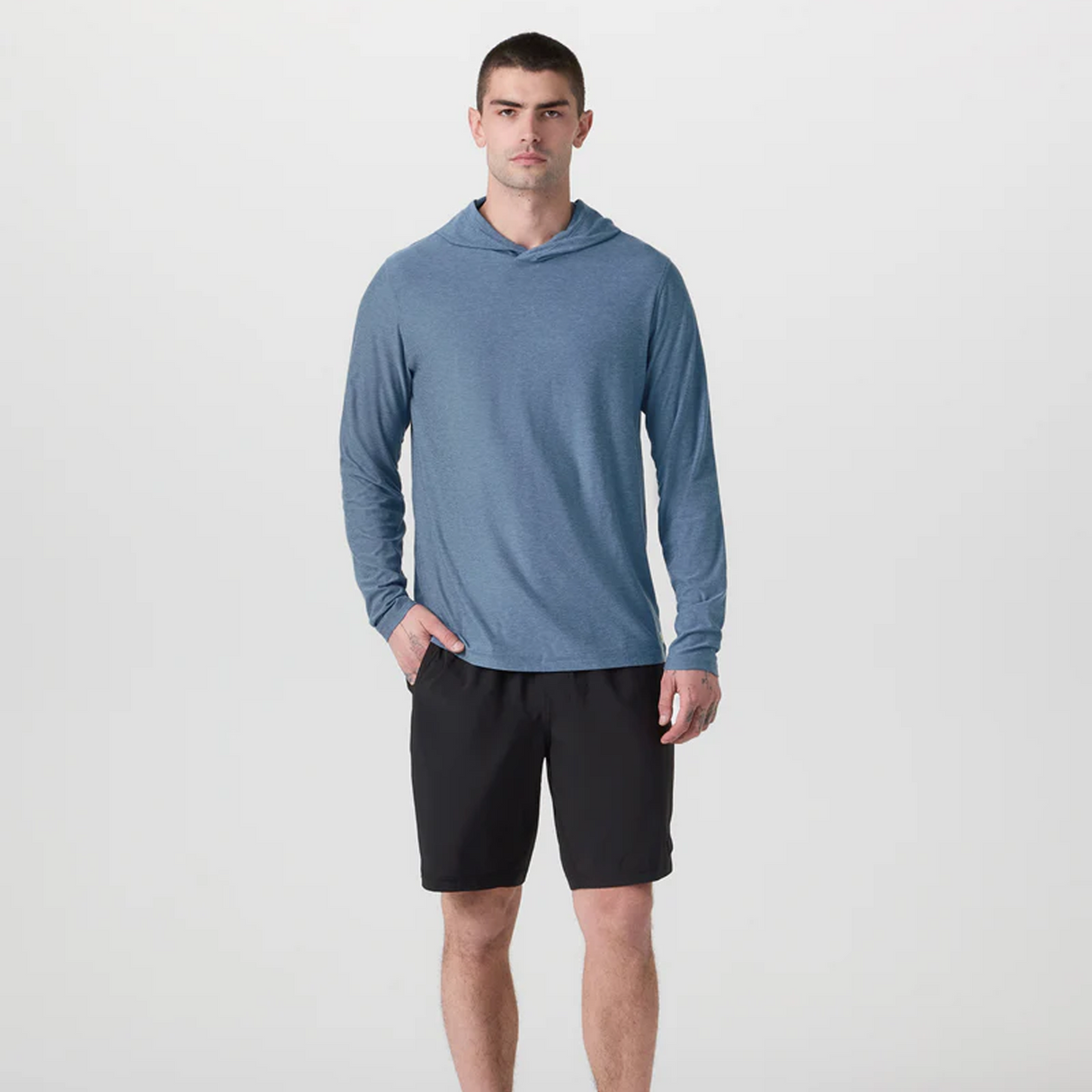 Vuori Strato Tech Hoodie (Men) - Pool Blue Heather Apparel - Top - Sweatshirt - The Heel Shoe Fitters