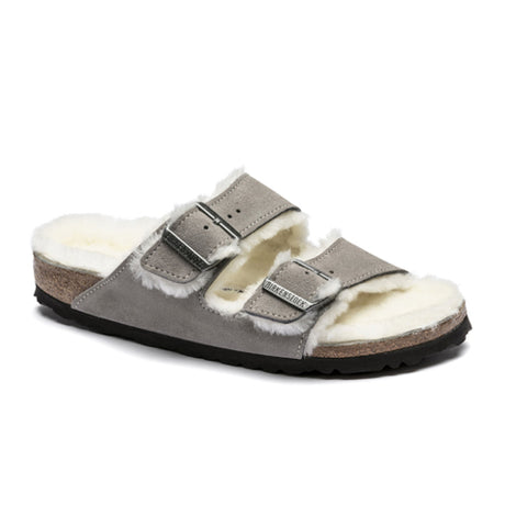 Birkenstock Arizona Slide Sandal (Women) - Stone Coin Suede/Natural Shearling Sandals - Slide - The Heel Shoe Fitters