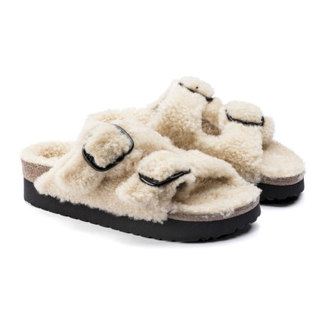 Birkenstock Arizona Big Buckle Slide Sandal (Women) - Teddy Eggshell Shearling Sandals - Slide - The Heel Shoe Fitters