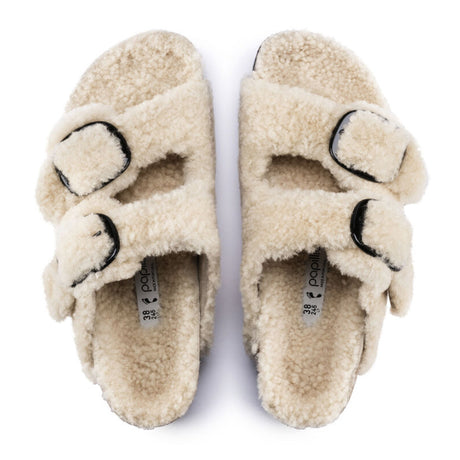 Birkenstock Arizona Big Buckle Sandal (Women) - Teddy Eggshell Shearling Sandals - Slide - The Heel Shoe Fitters