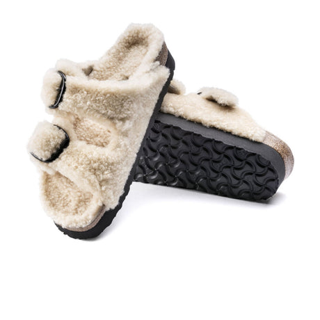 Birkenstock Arizona Big Buckle Slide Sandal (Women) - Teddy Eggshell Shearling Sandals - Slide - The Heel Shoe Fitters