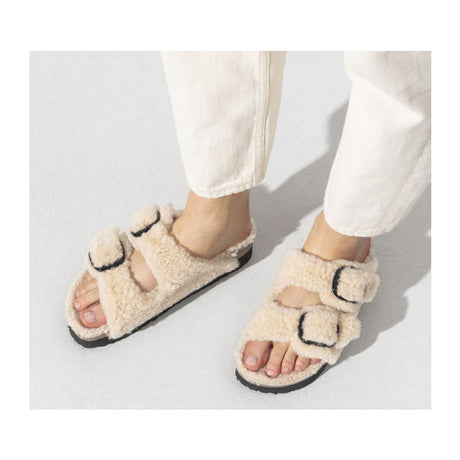 Birkenstock Arizona Big Buckle Slide Sandal (Women) - Teddy Eggshell Shearling Sandals - Slide - The Heel Shoe Fitters