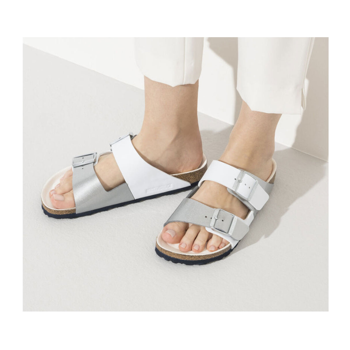 Birkenstock Arizona Split Birko-Flor Narrow Slide Sandal (Women) - White/Silver Sandals - Slide - The Heel Shoe Fitters