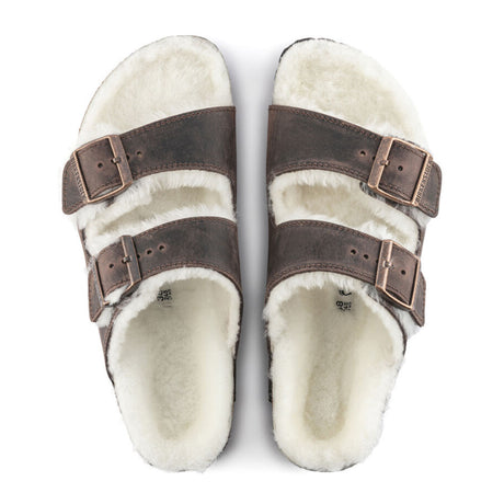 Birkenstock Arizona Slide Sandal (Women) - Habana Oiled Leather/Natural Shearling Sandals - Slide - The Heel Shoe Fitters