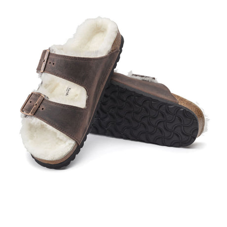 Birkenstock Arizona Slide Sandal (Women) - Habana Oiled Leather/Natural Shearling Sandals - Slide - The Heel Shoe Fitters