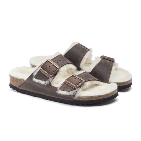 Birkenstock Arizona Slide Sandal (Women) - Habana Oiled Leather/Natural Shearling Sandals - Slide - The Heel Shoe Fitters