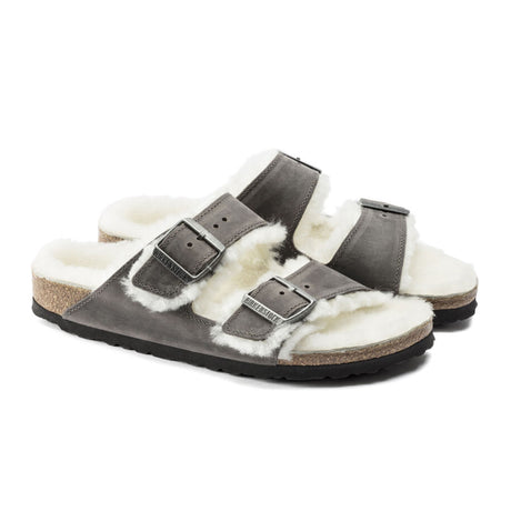 Birkenstock Arizona Slide Sandal (Women) - Iron Nubuck/Natural Shearling Sandals - Slide - The Heel Shoe Fitters